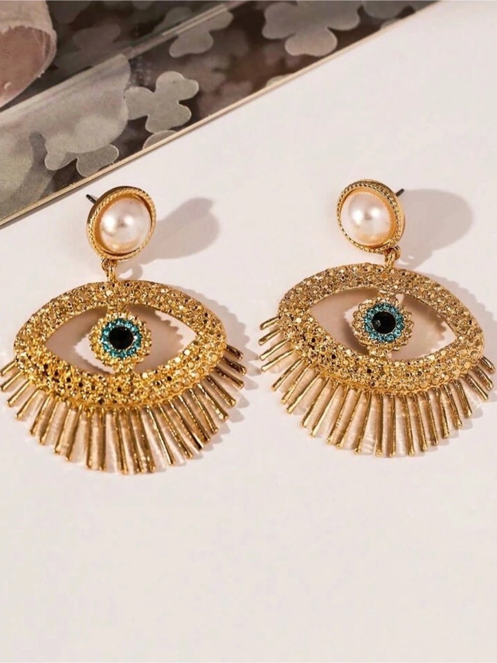 Gold Evil Eye Pearl Fringe Earrings NEW